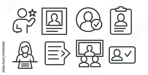 Line style icons of entertainment and media: talent audition icon, casting call notice, open role badge, actor portfolio icon, script reading panel, “next up” list, talent screening room, audition