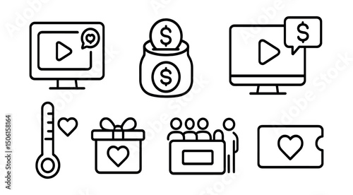 Line style icons of entertainment and media: livestream donation icon, tip jar badge, super chat symbol, thank you on screen, donation meter progress, gifting feature card, audience support alert,