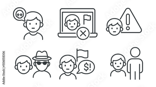 Line style icons of digital safety for kids: digital stranger alert, block request icon, report user symbol, online alert triangle, suspicious behavior icon, scam warning icon, red flag contact,