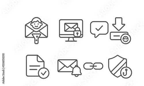 Line style icons of digital safety for kids: child email with filters, inbox monitoring icon, notification approval badge, download request icon, file check system, email alert bell, safe link icon,