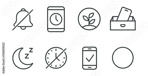 Line style icons of slow living practices: no notifications icon, screen time limit symbol, digital rest badge, phone in drawer, silent evening icon, no-tech hour, intentional app icon, minimal
