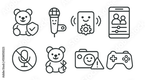 Line style icons of digital safety for kids: smart toy privacy icon, voice toy toggle, safe speaker settings, parent control panel, no audio record badge, Bluetooth toy monitor, camera in toy alert,