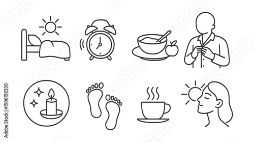 Line style icons of slow living practices: slow morning icon, soft alarm tone, light breakfast moment, dressing without rush, morning ritual badge, step-by-step icon, coffee steam icon, sunlit face.