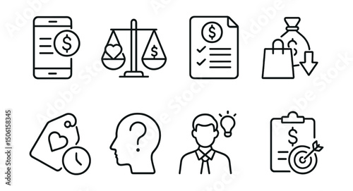 Line style icons of conscious consumption: budget tracker icon, values-based budget, conscious spending plan, saving before buying, wishlist delay tag, reflect on need symbol, smart spender icon,
