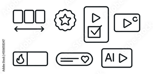 Line style icons of entertainment and media: top picks carousel icon, featured this week badge, recommended for you screen, watch again card, trending now tab, based on your taste tag, AI media