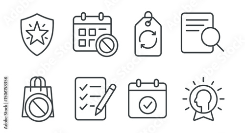 Line style icons of conscious consumption: challenge yourself badge, 30-day no buy icon, secondhand month tag, consumption audit symbol, buy nothing day icon, review purchases icon, monthly