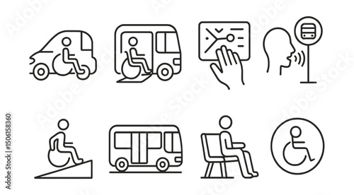 Line style icons of future urban transport: accessible mobility vehicle, wheelchair-friendly shuttle, tactile map station, voice-guided stop icon, inclusive ramp icon, low-floor bus symbol, public