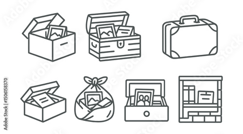 Line style icons of family memory archive: attic storage box, trunk with memories, old suitcase icon, shoebox of letters, fabric bundle with keepsakes, memory drawer symbol, safe-keeping shelf,