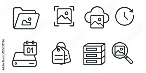 Line style icons of family memory archive: digital archive folder, scanned document icon, cloud memory symbol, timeline app badge, backup drive with date, organized tag set, labeled archive stack,