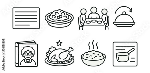 Line style icons of family memory archive: handwritten recipe card, traditional dish sketch, family dinner memory, passed-down meal icon, grandmother’s cookbook, holiday food memory, taste of the
