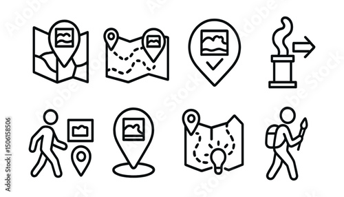 Line style icons of public art: public art map icon, art walk route, discovery point badge, sculpture trail symbol, walking tour with art, place and art pin, self-guided art path, explore with