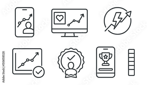 Line style icons of healthcare technology: patient growth tracker, outcome graph panel, health score rise icon, long-term recovery chart, habits improvement badge, fitness milestone screen, progress