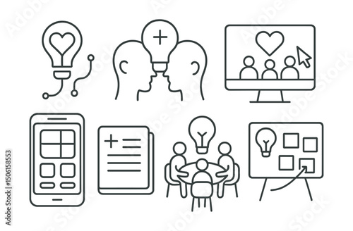 Line style icons of healthcare technology: creative health solution icon, brainstorm for digital care, co-design workshop symbol, unique app layout idea, open sketch for EHR, design jam with