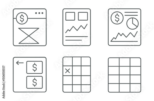 Line style icons of personal finance: wireframe of finance tool, layout draft card, sketch of dashboard, page flow screen, UX for money app, finance app structure icon, grid of module blocks.