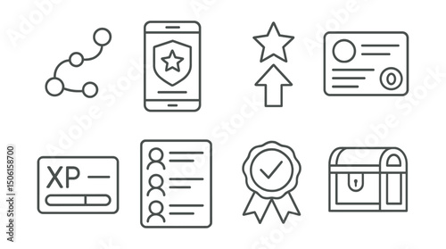 Line style icons of EdTech platforms: gamified progress icon, badge unlocked screen, level-up symbol, point tracker icon, XP gauge bar, leaderboard screen, challenge completed badge, reward chest