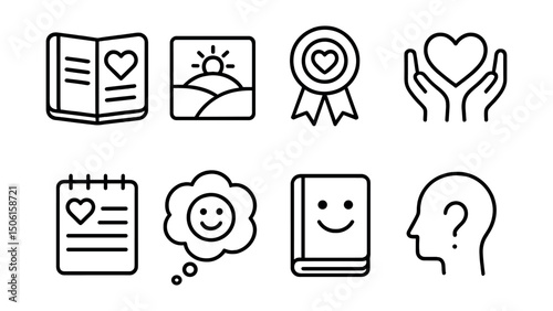 Line style icons of mental health and wellbeing: gratitude journal icon, positive memory card, daily appreciation badge, thankful moment icon, kindness log symbol, happy thought bubble, journal with