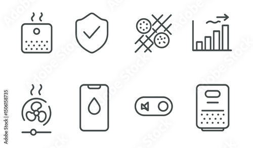Line style icons of smart devices and IoT: air purifier icon, air quality badge, pollen filter symbol, clean air graph, automatic airflow control, app humidity monitor, quiet mode toggle, purifier