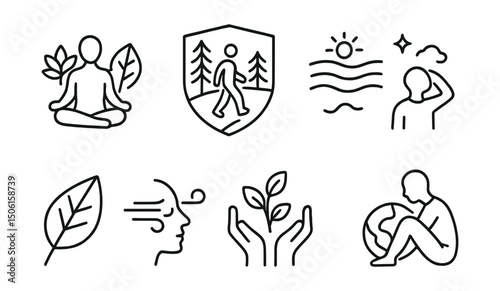 Line style icons of mental health and wellbeing: nature and wellness icon, forest walk badge, ocean breeze symbol, healing in nature icon, sky gaze activity, green therapy leaf, fresh air for mood,