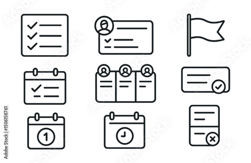 Line style icons of remote work: task checklist panel, remote assignment tracker, priority flag icon, to-do with calendar, team taskboard view, status icon on card, due today symbol, remote kanban