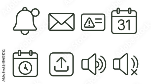 Line style icons of remote work: bell notification icon, unread message dot, alert toast popup, task deadline reminder, upcoming event badge, push update icon, app alert sound symbol, muted