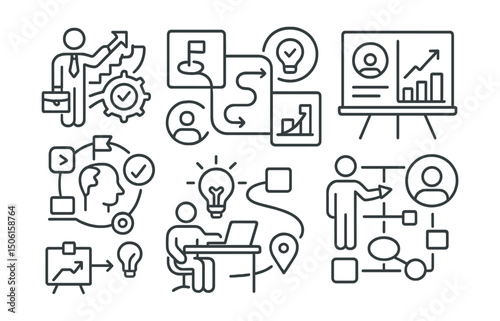 Line style icons of remote work: business strategy icon, remote roadmap plan, work goal alignment, value map diagram, growth tactic symbol, vision mission board, idea execution path, collaborative