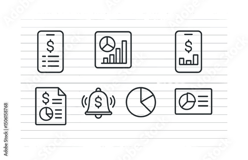 Line style icons of finance and investment apps: expense tracker icon, category-based spending chart, daily budget bar, smart savings goal, monthly expense report, customizable spending alert, pie