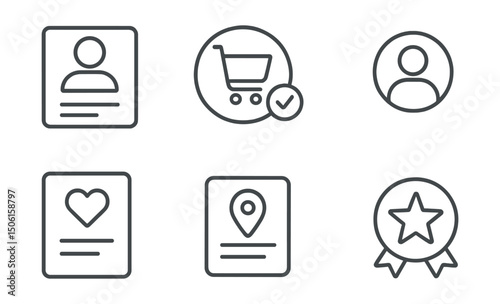Line style icons of e-commerce: customer profile card, shopping history badge, account preferences screen, buyer avatar symbol, wishlist panel, recent activity icon, delivery address screen, loyalty