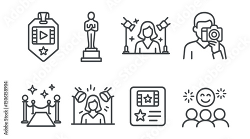 Line style icons of entertainment and media: film festival badge, award trophy icon, red carpet scene, celebrity spotlight, event photographer icon, premiere banner screen, nominated film card,