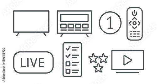 Line style icons of entertainment and media: television screen icon, smart TV interface, channel guide badge, remote control symbol, “live now” tag, binge watch tracker, show rating stars, next