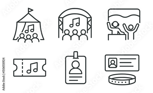 Line style icons of entertainment and media: music festival icon, open-air concert badge, DJ stage symbol, crowd wave screen, ticket with music note, day pass card, performer lineup layout, event