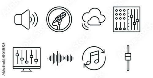 Line style icons of entertainment and media: sound design icon, foley mic badge, ambient audio symbol, reverb panel icon, soundtrack mixing screen, audio timeline with levels, background music loop,