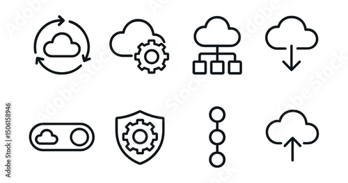 Line style icons of cloud computing: automation cycle icon, scheduled task gear, workflow automation line, cloud trigger symbol, smart sync toggle, rule-based engine badge, job sequence icon,
