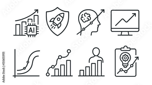 Line style icons of artificial intelligence: AI growth chart icon, scale-up potential badge, performance evolution line, long-term forecast screen, product maturity model, model lifecycle roadmap,