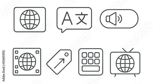 Line style icons of entertainment and media: international content icon, multilingual subtitle badge, dubbing toggle symbol, foreign film label, global trending tag, cultural content panel,