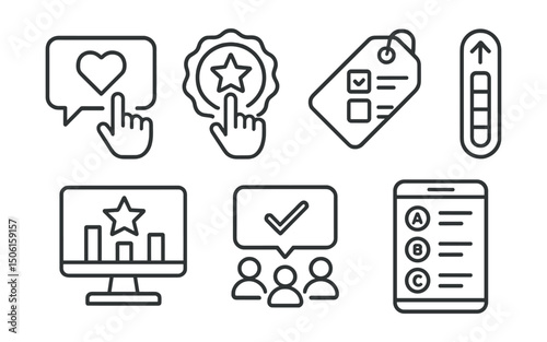 Line style icons of entertainment and media: fan voting icon, pick your favorite badge, viewer poll tag, vote result meter, contest ranking screen, fan-driven outcome icon, interactive vote layout.