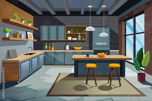 vector of Modern kitchen interior with dark gray walls, concrete floor, wooden tables and wooden cupboards.