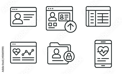 Line style icons of healthcare technology: patient data panel, structured EHR icon, lab results table, health record upload badge, vitals chart dashboard, encrypted patient file, clinical data graph,