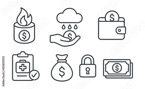 Line style icons of personal finance: emergency fund icon, quick access savings symbol, rainy day badge, unexpected expense buffer, emergency kit tracker, fund safety lock, priority cash reserve.