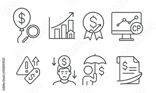 Line style icons of personal finance: inflation impact tracker, cost of living chart, purchasing power badge, CPI monitor panel, price increase alert icon, financial pressure symbol, adaptive budget
