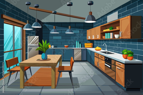vector of Modern kitchen interior with dark gray walls, concrete floor, wooden tables and wooden cupboards.