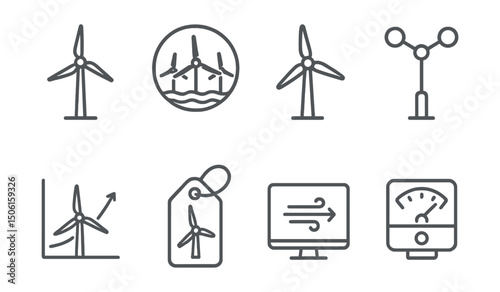 Line style icons of sustainable energy: wind turbine icon, offshore wind farm badge, onshore windmill symbol, spinning blade sensor, energy from wind graph, turbine maintenance tag, airflow direction