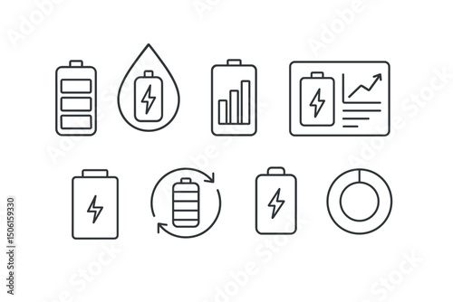 Line style icons of sustainable energy: battery storage icon, energy reserve symbol, lithium cell chart, battery management system screen, charge/discharge flow badge, backup power bank, storage