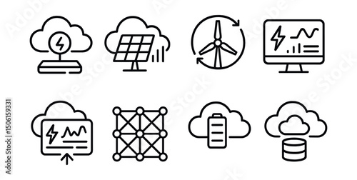 Line style icons of sustainable energy: cloud energy platform icon, solar data in cloud, turbine sync badge, energy system monitor screen, cloud backup of dashboard, distributed control grid, storage