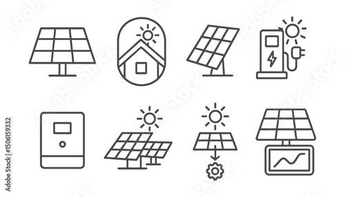 Line style icons of sustainable energy: solar panel grid icon, rooftop solar badge, angled panel array, sun-powered charging station, solar inverter unit, ground-mounted solar field, solar energy
