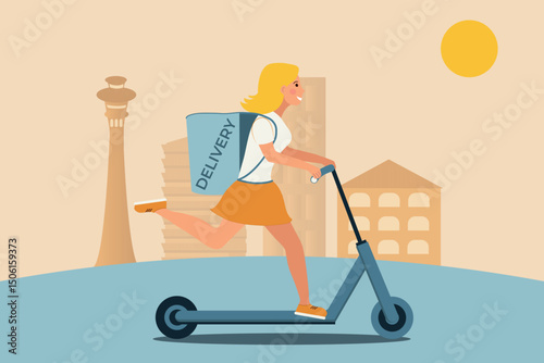 Food delivery. Girl on a scooter delivers an order. Background city, houses, landscape, Vector illustration, courier girl blonde delivery woman with a box attached to the back