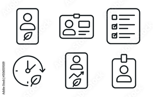 Line style icons of sustainable energy: user profile in energy app, access control card, permissions panel for energy tools, usage history icon, personal energy stats screen, account type in system.