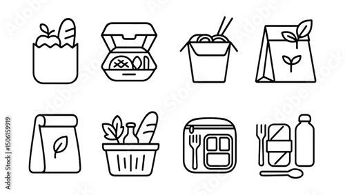 Line style icons of food and drink: grocery bag icon, food delivery box, takeaway container, plastic-free meal kit, eco food bag, thermal lunch box, market basket with food, zero-waste lunch set.