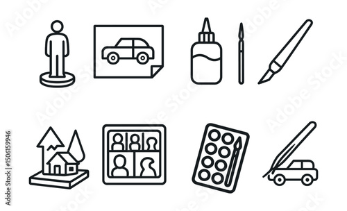 Line style icons of hobbies and creativity: miniature figure icon, scale model sketch, glue and tiny brush, precision knife tool, miniature scene setup, collection case, paint set icon, tweezers and