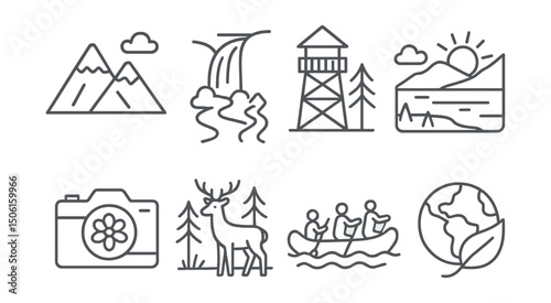 Line style icons of travel and leisure: mountain landscape, waterfall trail icon, forest lookout tower, scenic view icon, nature photography, wild animal in distance, river rafting, eco travel icon.