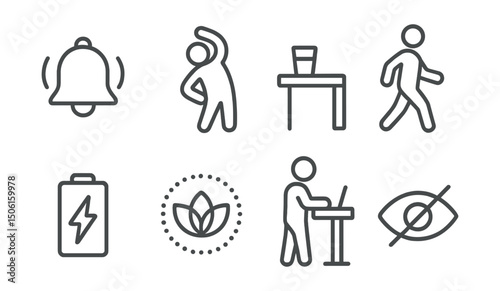 Line style icons of work and productivity: break reminder icon, stretch symbol, water glass on desk, post-lunch walk icon, rest and recharge symbol, breathing timer icon, standing desk icon,